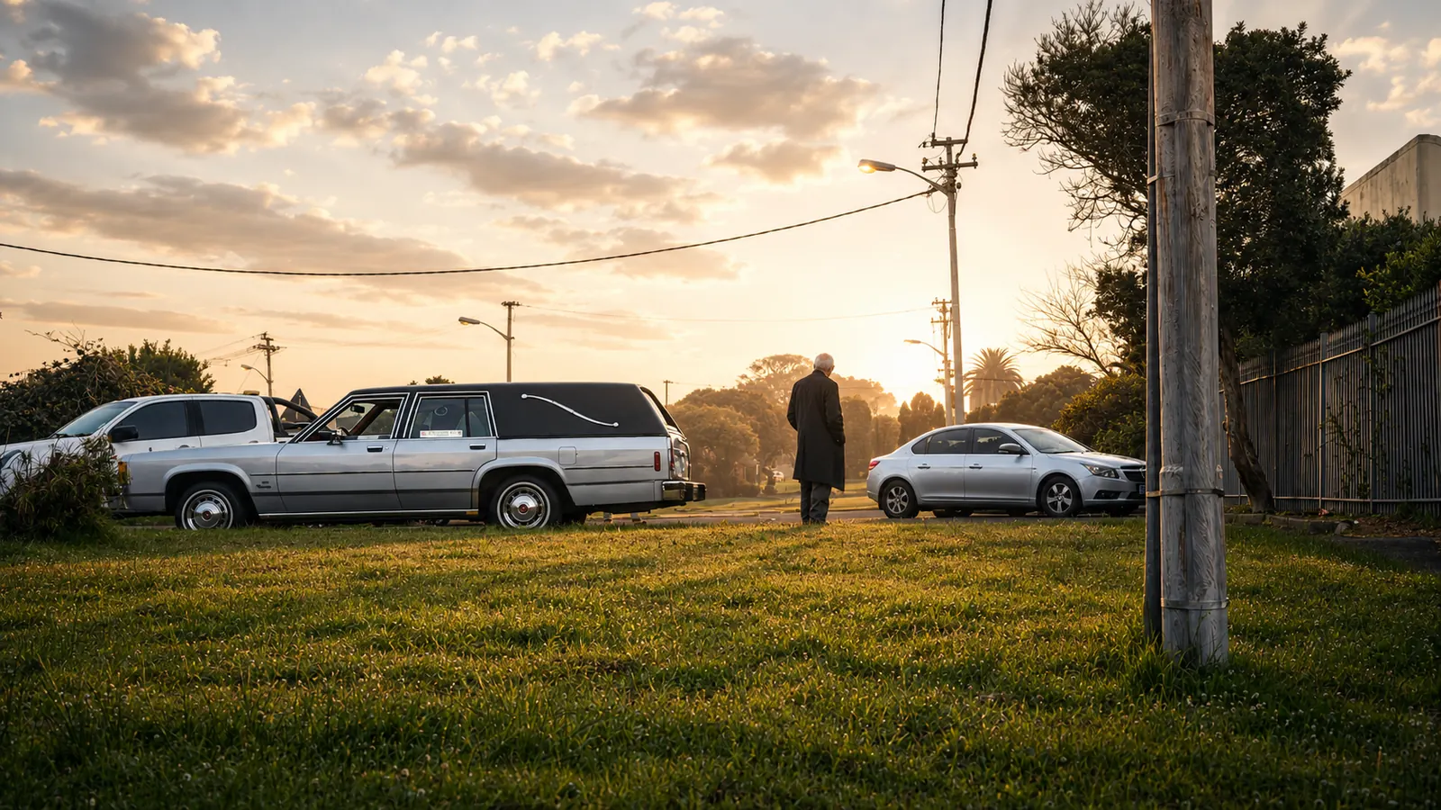 The hearse waiting at the roadside at golden hour while a funeral director stands nearby