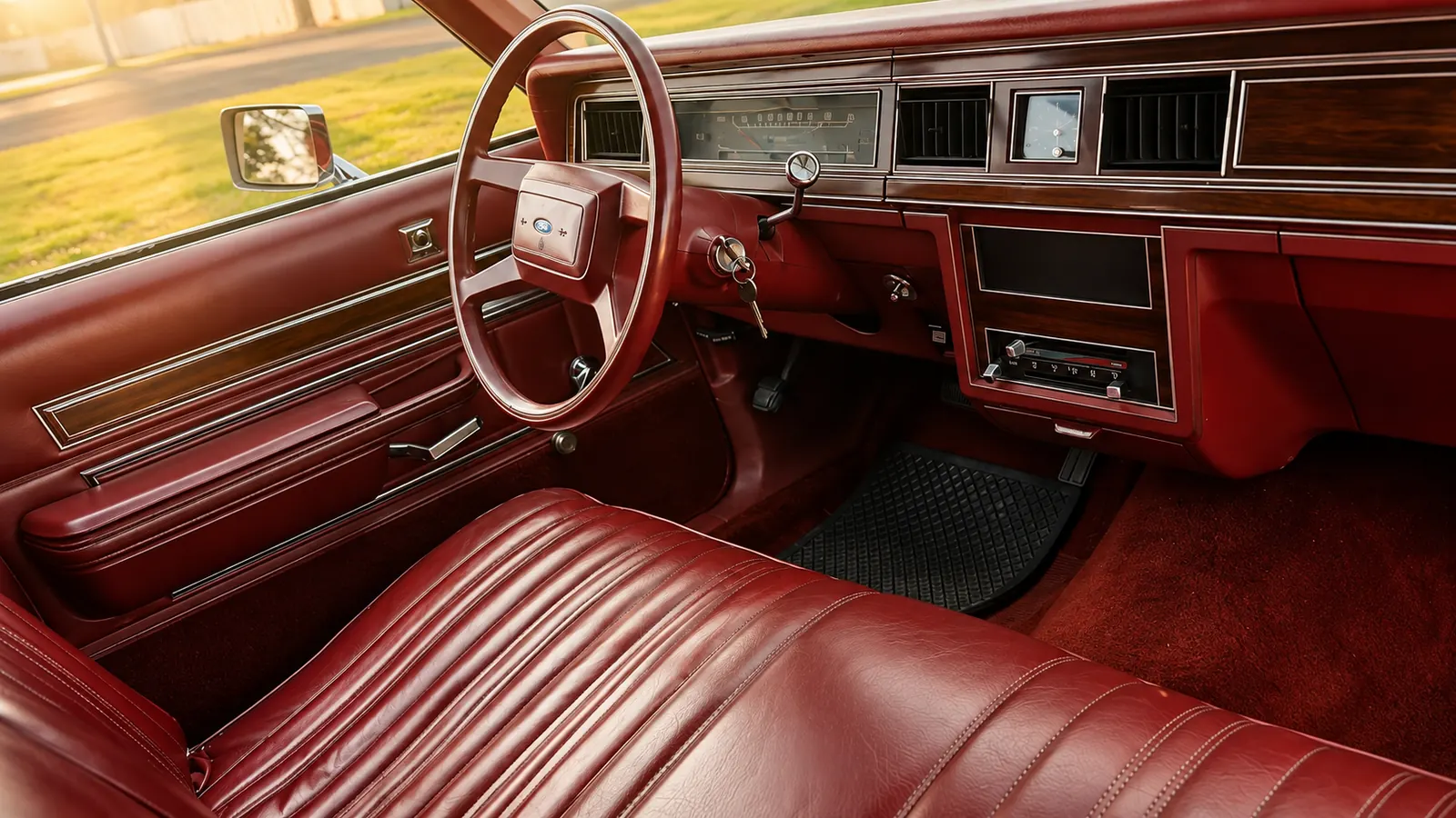 The burgundy leather interior and dashboard of the WS Engledoe & Sons hearse